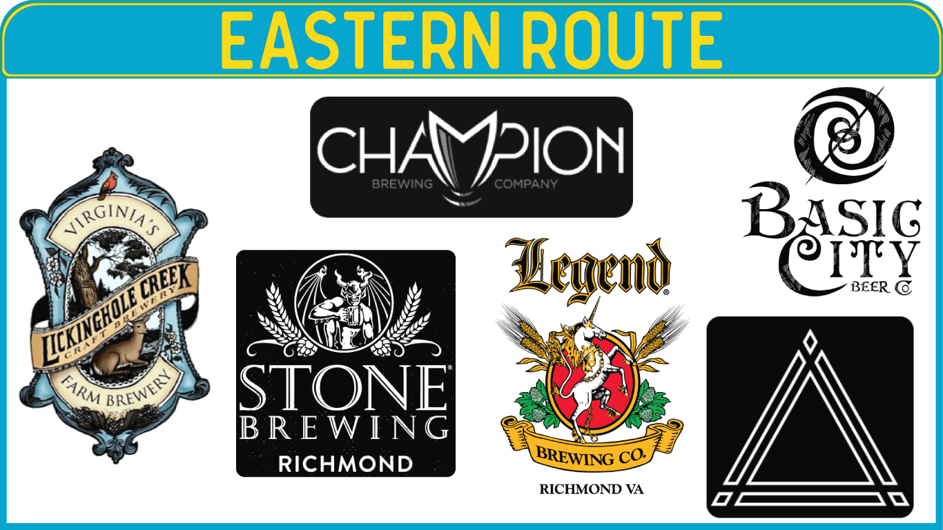 On the Eastern Richmond Brewery Tour you can choose to stop at Triple Crossing Brewing Company, Richbrau Brewing, Dogtown Brewing Co., Stone Brewing, Legend Brewing Co., Basic City Beer, and Lickinghole Creek Craft Brewery.