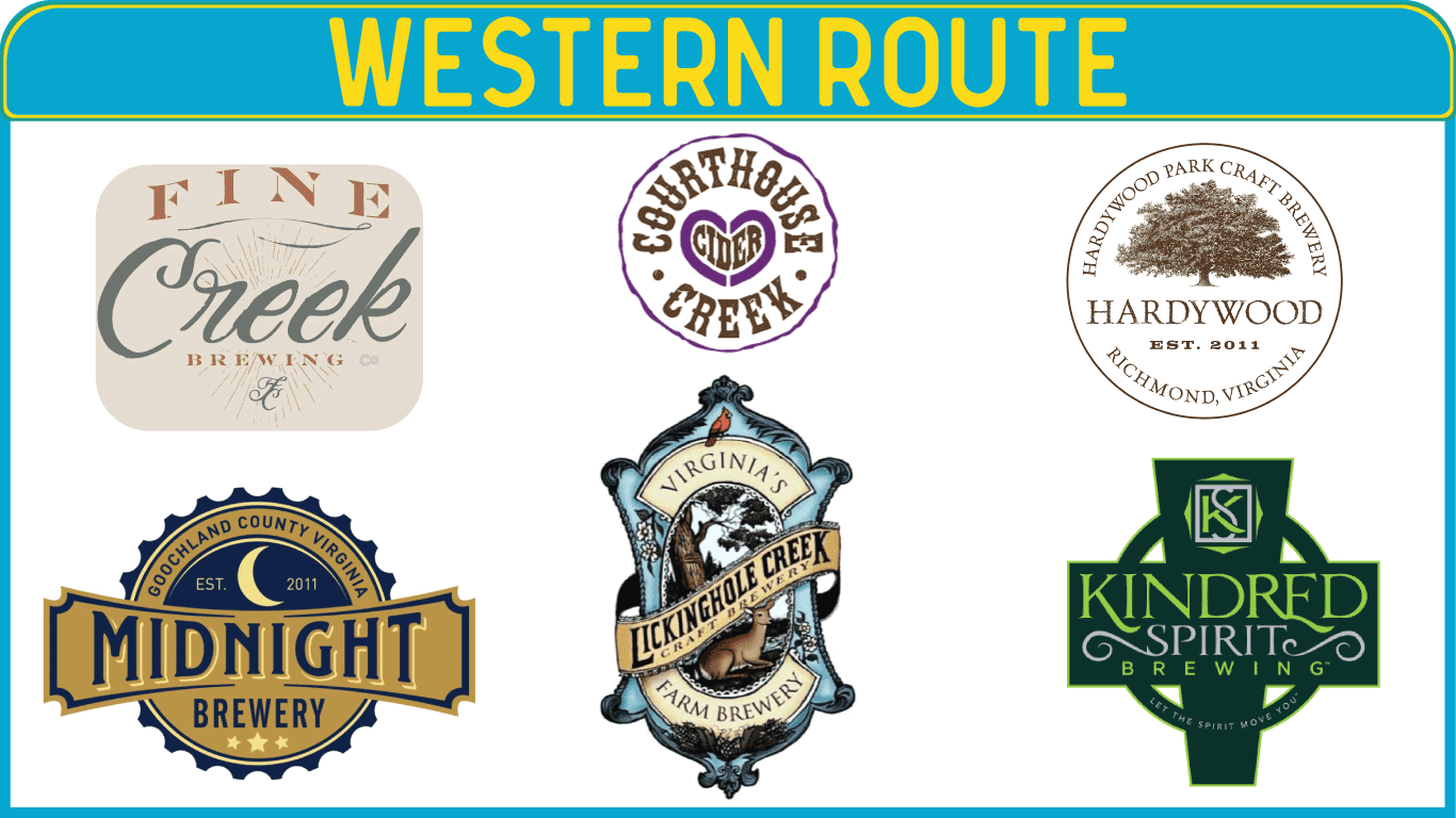 Western Richmond Brewery Tours stops at Fine Creek Brewing, Lickinghole Creek Farm Brewery, Midnight Brewery, Kindred Spirit Brewing, Courthouse Creek Cider and Hardywood Park Craft Brewery